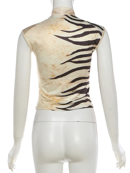Kliou Tiger Stripes Print Tank Tops Woman Summer Trend Stand Collar Hollow Shirring Design Hot Girls Street Wild Style Vests
