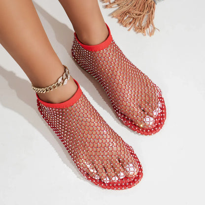 2025 Summer Women's New Round Toe Flat Bottom Sandals Hollow Short Boots Water Diamond Sexy Flat Bottom Fashion Banquet Slippers