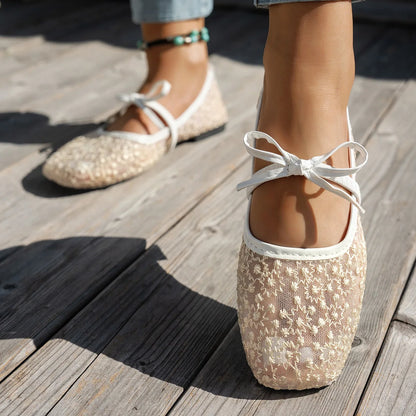 Plus Size 43 Women Fashion Ballet Flats Breathable Laces Square Toe Spring Summer Flat Shoes For Female Daily Walking Loafers