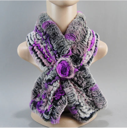 Hot Russian Women Knit Real Rex Rabbit Fur Scarf Lady Fashion Floral Rex Rabbit Fur Mufflers Hot Winter Warm Natural Fur Scarves