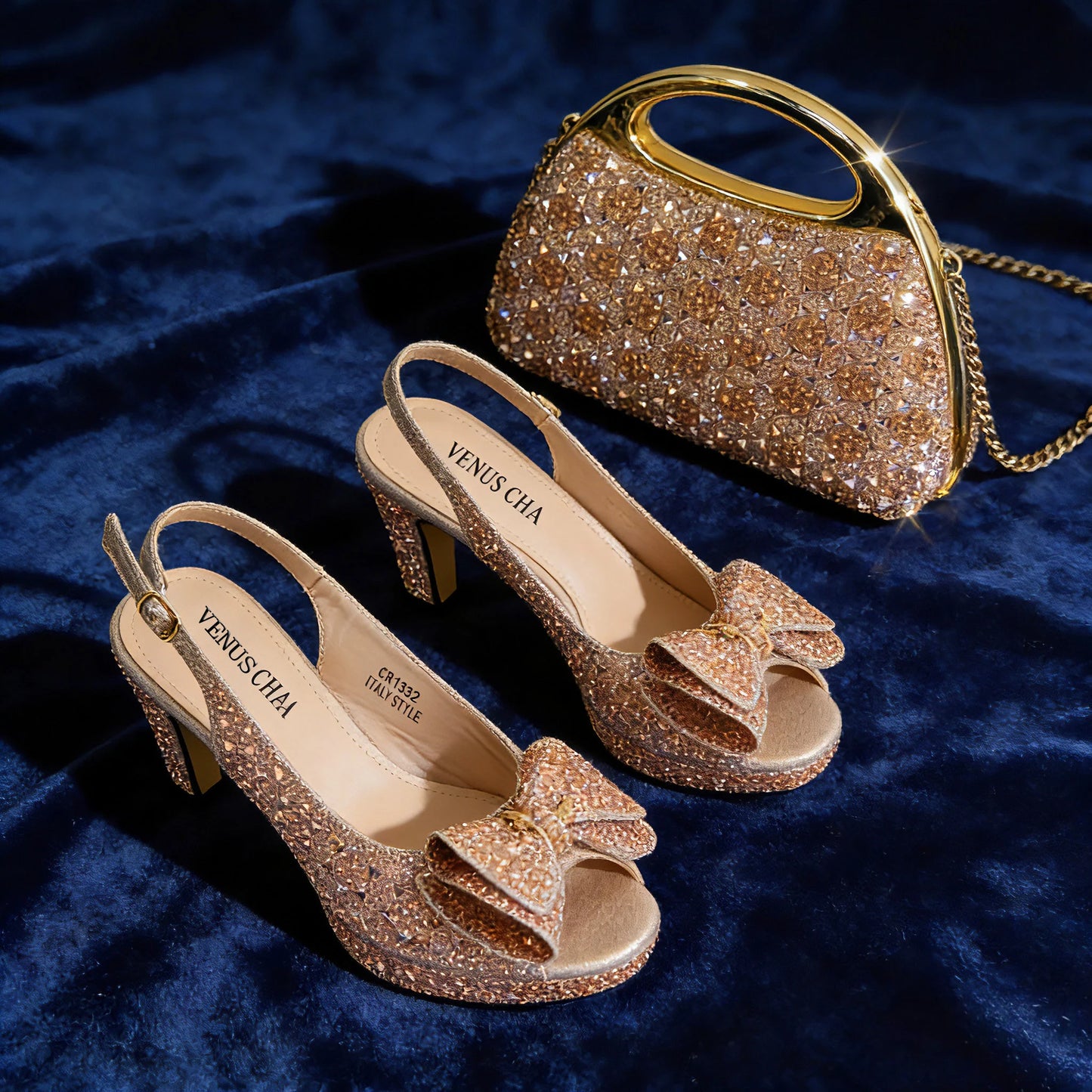 Venus Chan 2026 Women’s Italian Gold High Heels with Rhinestone Detail & Matching Bag Set - Stylish Pointed Toe Design