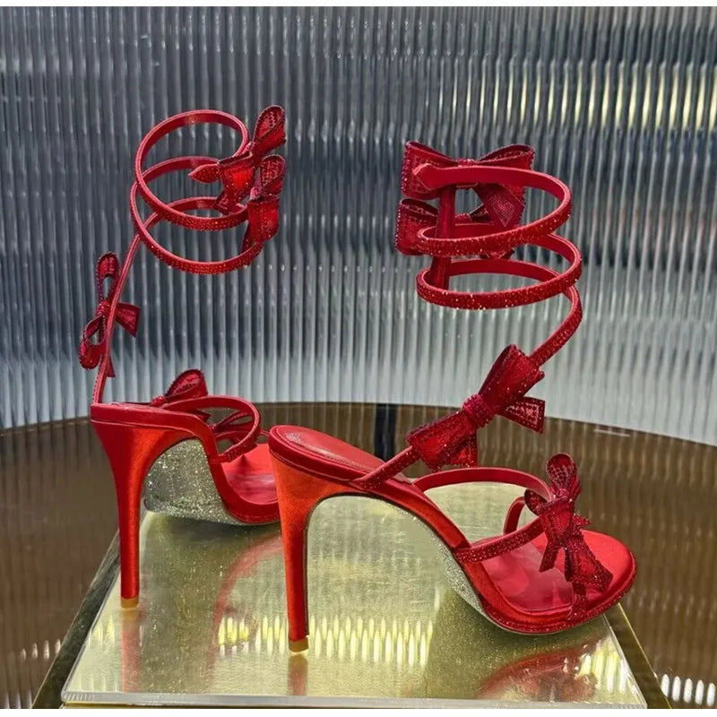Luxury Rhinestones Mesh Bowknot Snake Coiled Women Gladiator Sandals Sexy Narrow band Thin High heels Summer Wedding Party Shoes