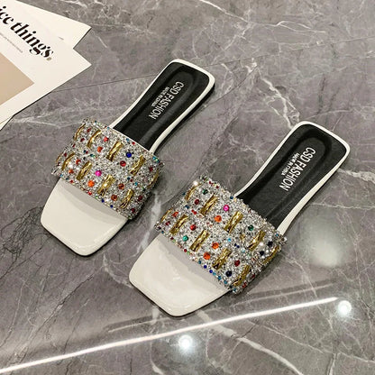 Slippers for Women Shiny Rhinestone Sandals Women Outdoor Beach Casual Shoes Sexy Fashion Big Size Flat Shoes Sandalias De Mujer