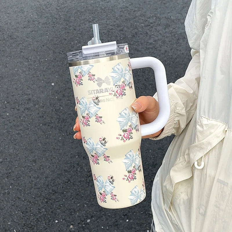 1pc 900ml Floral Print Stainless Steel Vacuum Insulated Tumbler with Straw,  Ice Cold Retention Cup,Birthday Gift for Women