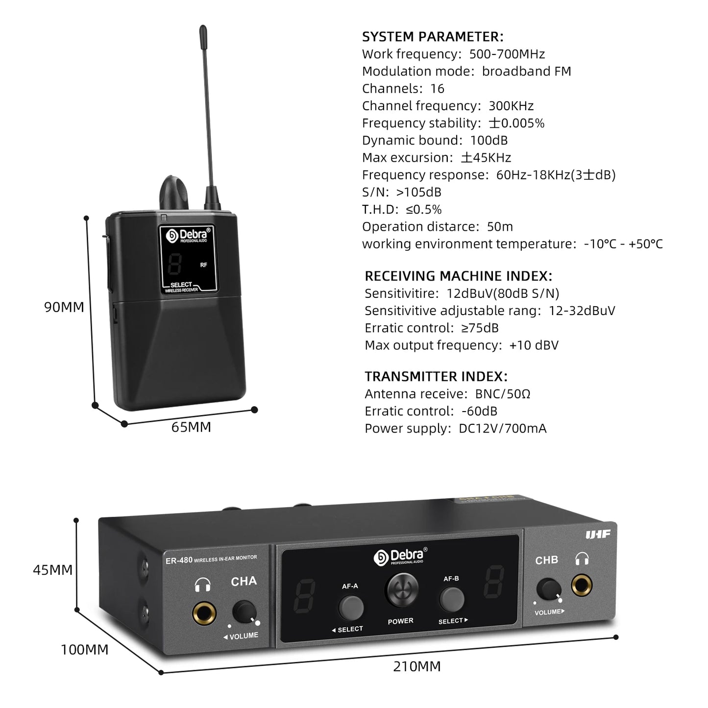 Debra UHF ER-480 Professional Wireless In-Ear Monitor System 50M Range Transmission 16 Frequency Adjustment for Church Stage