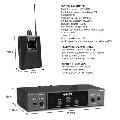 Debra UHF ER-480 Professional Wireless In-Ear Monitor System 50M Range Transmission 16 Frequency Adjustment for Church Stage