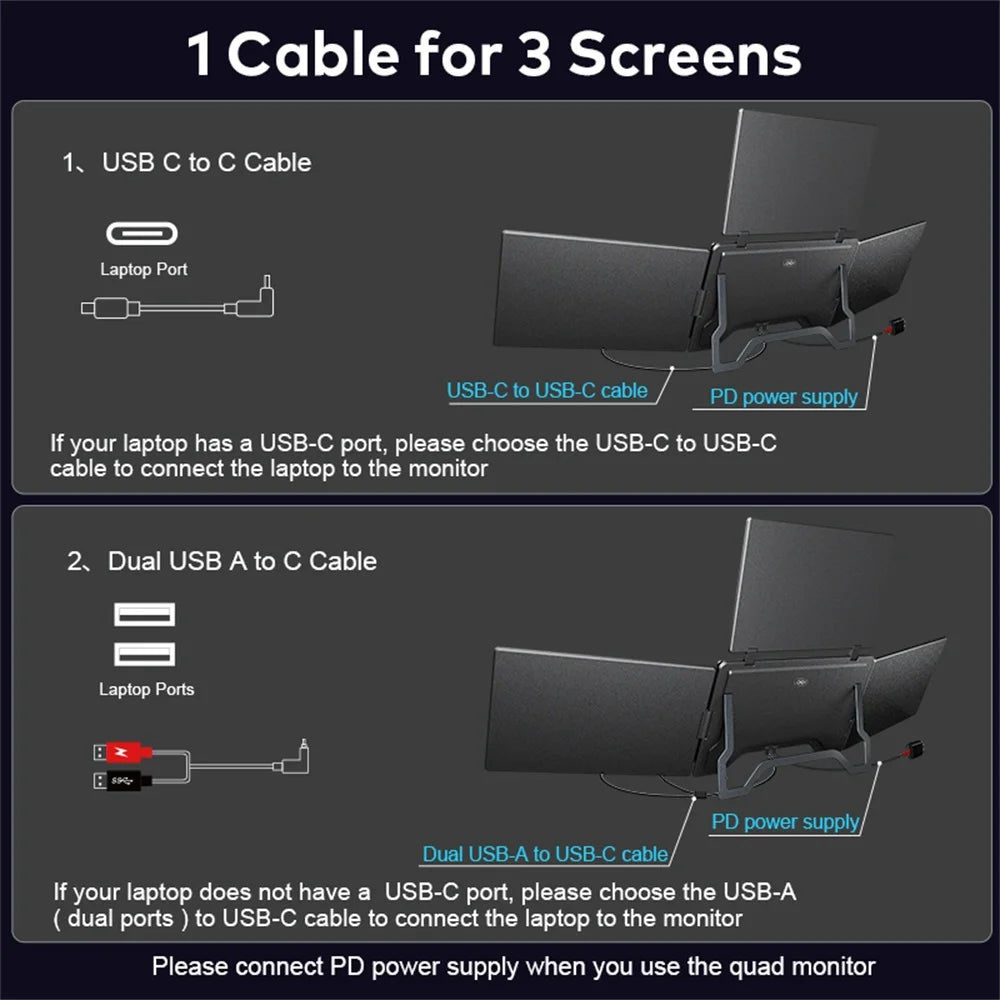 Rospider 15 inch Triple Screen Extender for Laptop HD IPS Quad Display MacBook Windows 12 to 16 inch Portable Extended Monitor