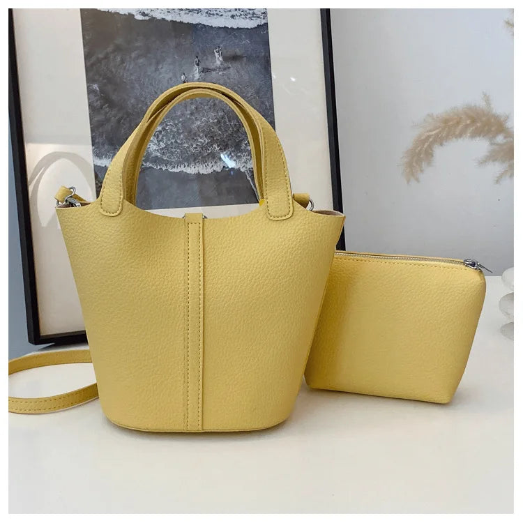 Popular and popular lychee patterned mother and child bucket bag for women, 2025 new casual retro handbag, casual commuting bag