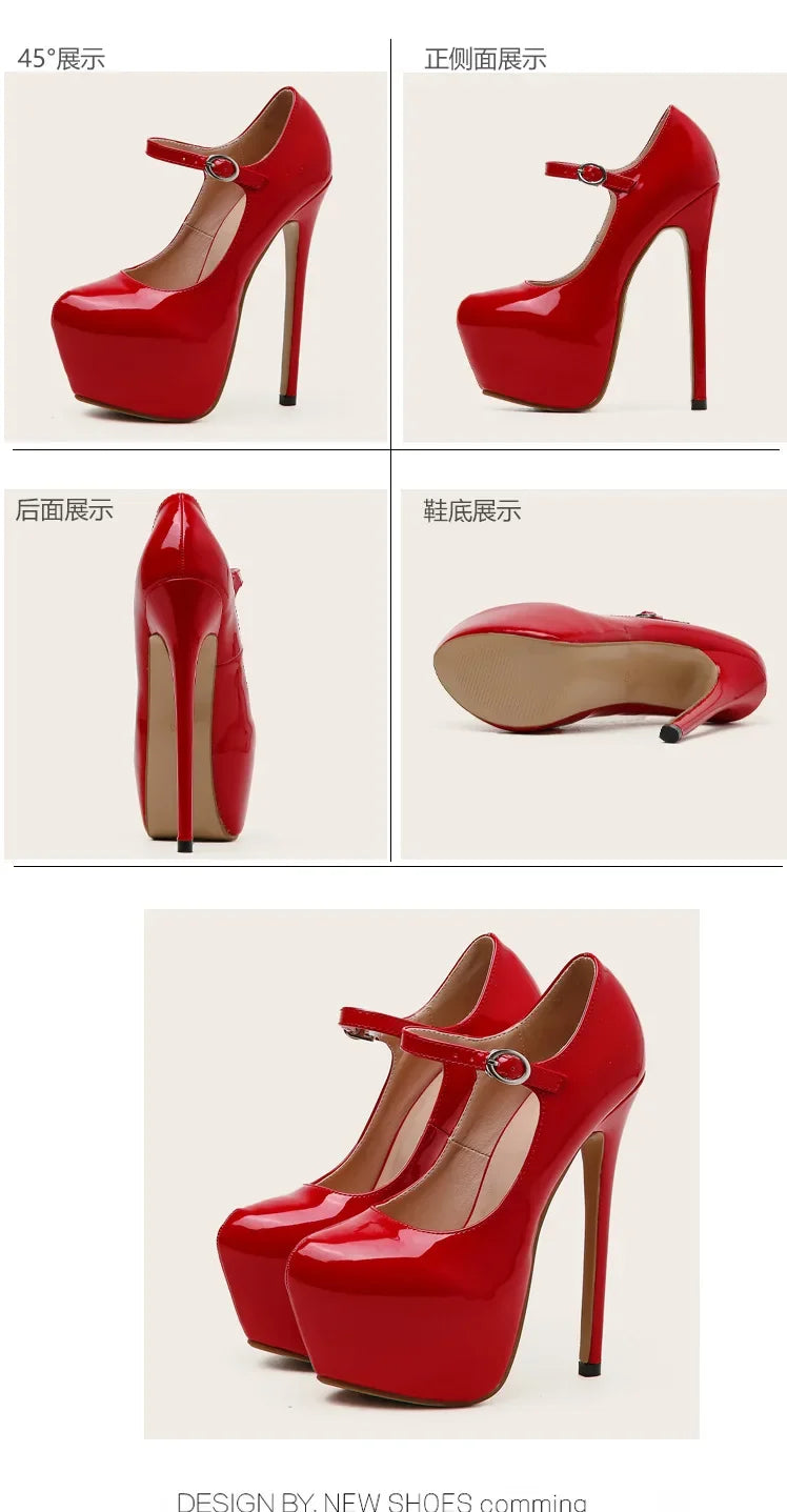 Women Super High Heel 17CM Pumps Spring Autumn Platform Patent Leather Red Black Round Toe Buckle Strap Sexy Zapato De Tacón