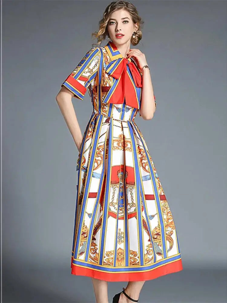 Women's Orange Striped Short Sleeves Vintage Belt Bow Tie Collar Shirt Dress Summer Runway Chain Printing Casual Midi Vestidos