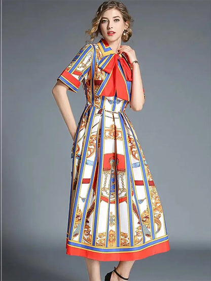 Women's Orange Striped Short Sleeves Vintage Belt Bow Tie Collar Shirt Dress Summer Runway Chain Printing Casual Midi Vestidos