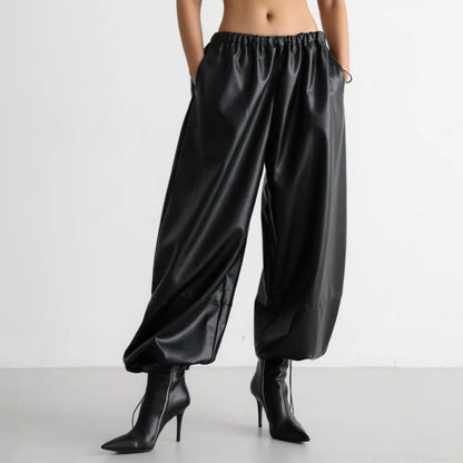 Autumn Women Pu Leather Elastic Waistband Lantern Pants Lady Casual Loose Shiny PU Trousers Trend Fashion Street Long Pants 2025