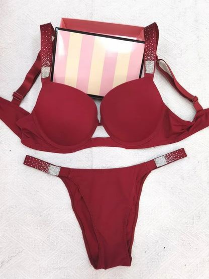 Rhinestone Sexy Women Bra Set Bralette Girls Underwear Brassiere Fashion Thong Gather Bras Lingerie Panty Sets