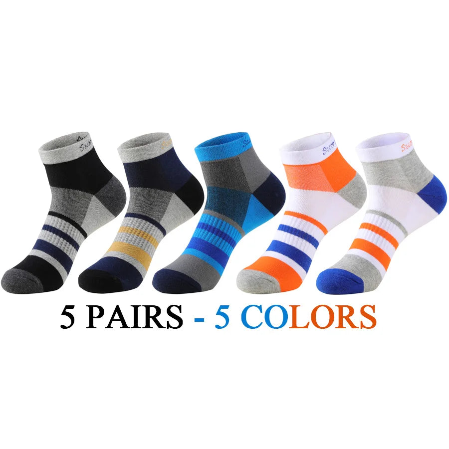 5 Pairs/Lot Running Socks Men Ankle Colorful Stripes Combed Cotton Outdoor Gym Compression Short Male Socks 5 Colors New 2025