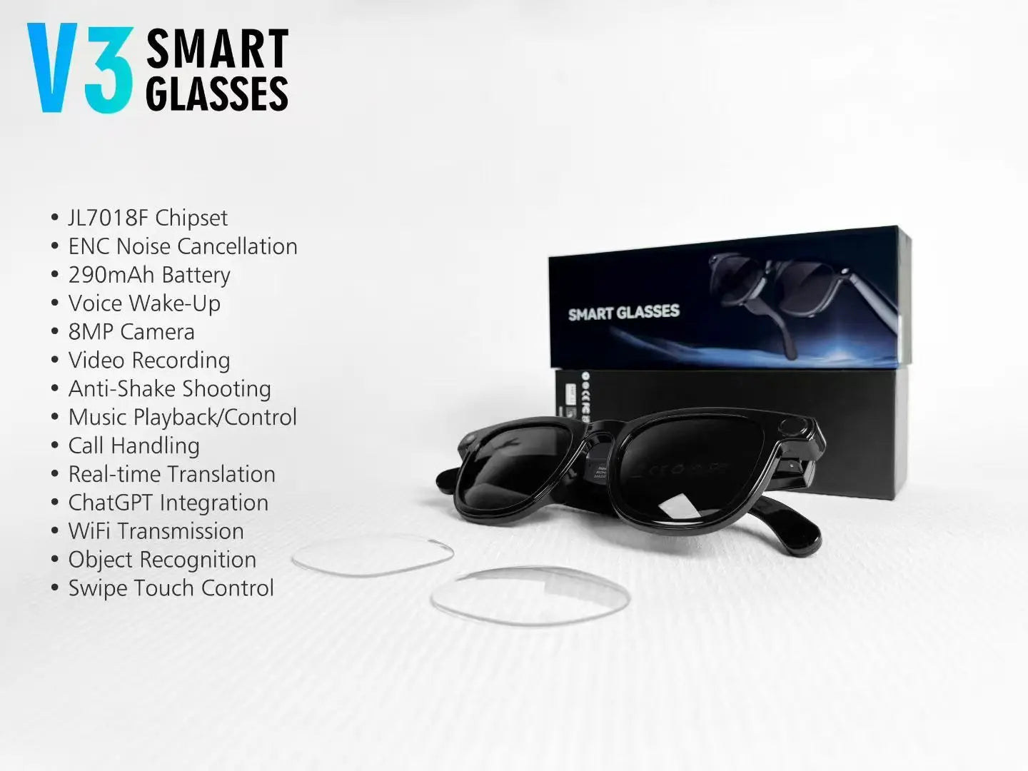 V3 AI Smart Glasses with ChatGPT, 8MP Camera Video Recording, Bluetooth Calls, Voice Wake, Music Playback Sunglasses