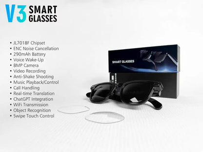 V3 AI Smart Glasses with ChatGPT, 8MP Camera Video Recording, Bluetooth Calls, Voice Wake, Music Playback Sunglasses