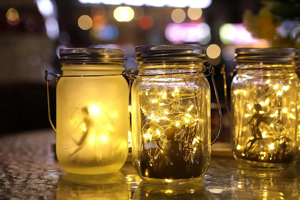 Portable Solar Lantern, Fairy Lights, Garden Ornament Outdoor Hanging Frosted TreeTable, Yard, Patio, Lawn, Glass Mason Jar Lamp