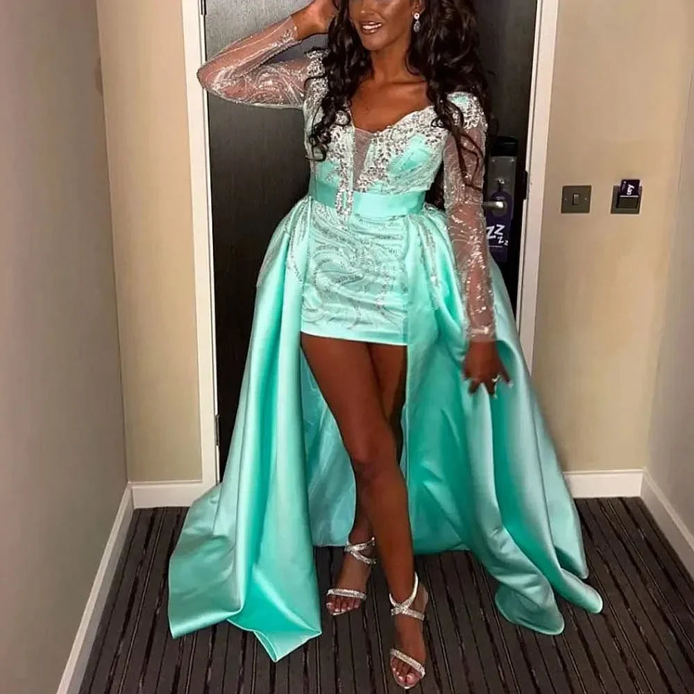 Turquoise Sequined Evening Dresses Sleeves High Low Special Occasions Dresses Overskirt See Through Long Prom Dress Beading