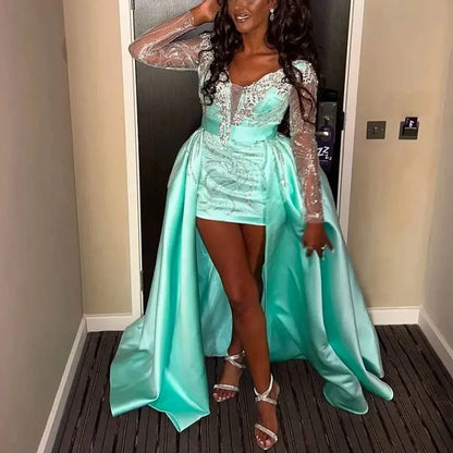 Turquoise Sequined Evening Dresses Sleeves High Low Special Occasions Dresses Overskirt See Through Long Prom Dress Beading