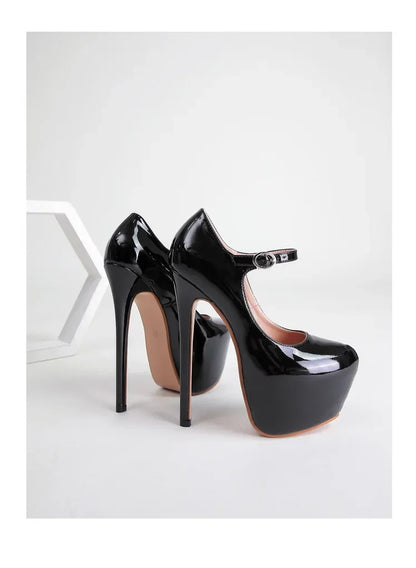 Women Super High Heel 17CM Pumps Spring Autumn Platform Patent Leather Red Black Round Toe Buckle Strap Sexy Zapato De Tacón