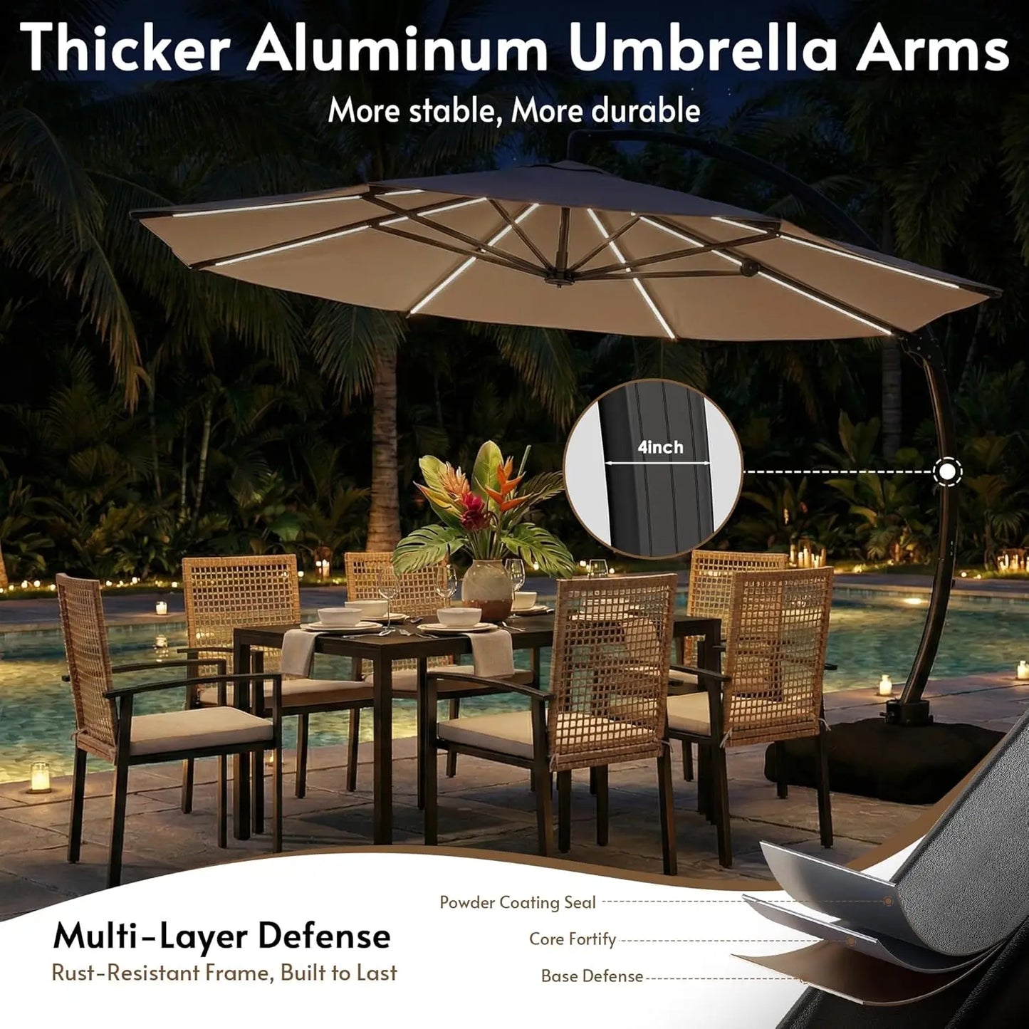 11FT Solar Powered LED Light Cantilever Patio Umbrella with Base Included, Large Cantilever Umbrella with, Customized