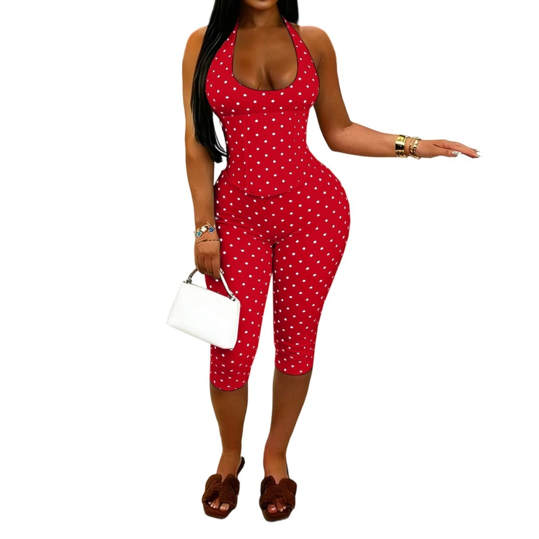 FAGADOER Sexy Polka Dot Print Bodycon Jumpsuits Woman Halter Deep V-neck Backless Rompers Female Streetwear Overalls 2026 New