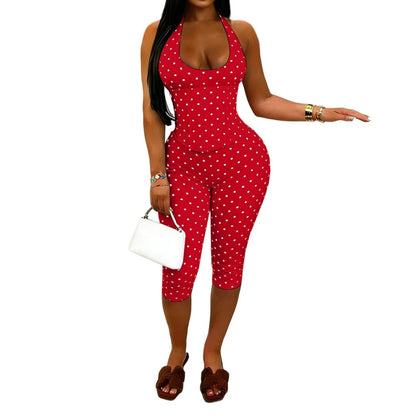 FAGADOER Sexy Polka Dot Print Bodycon Jumpsuits Woman Halter Deep V-neck Backless Rompers Female Streetwear Overalls 2026 New