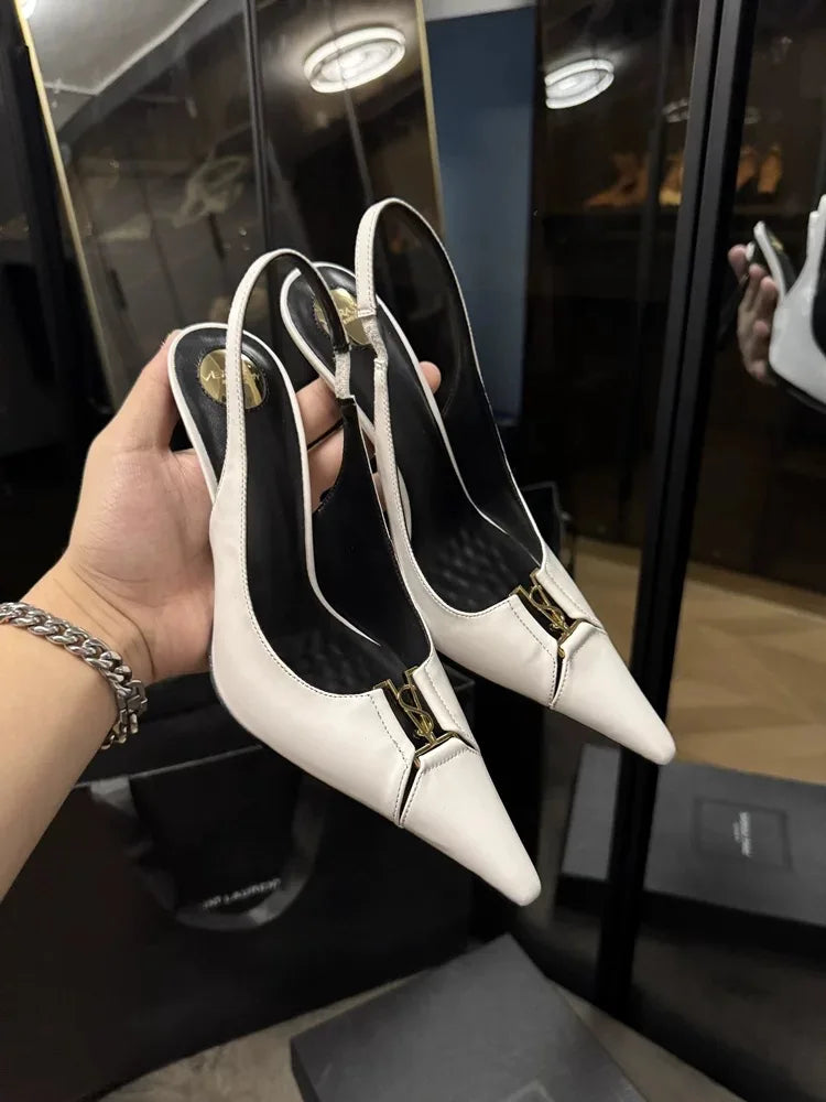Pointed Toe Patent Leather Pumps Women Metal Decor Shallow Mouth Thin Heel Sandals Spring Summer Party Dress Shoes Single Shoes