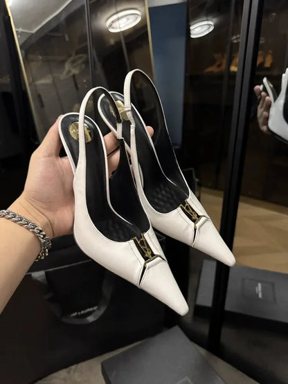 Pointed Toe Patent Leather Pumps Women Metal Decor Shallow Mouth Thin Heel Sandals Spring Summer Party Dress Shoes Single Shoes