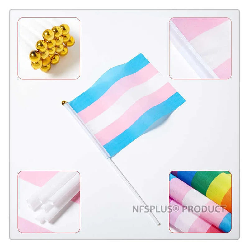 10 Pack Handheld Transgender Flag LGBT Trans Pride Banner 14x21cm With Small Stick Flagpole For Decoration Celebration Parades