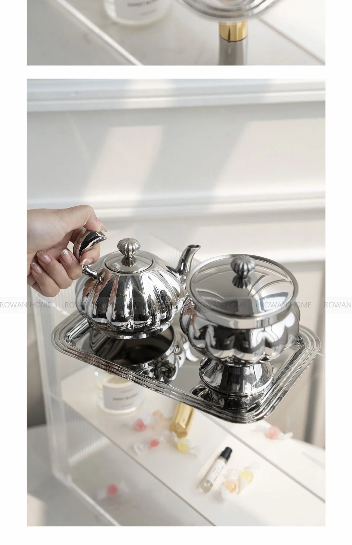 Nordic Luxury Stainless Steel TeaPot, Retro Sugar Bowl, Coffee Candy Jar with Lid for Home Decoration, Afternoon Tea, Holtel