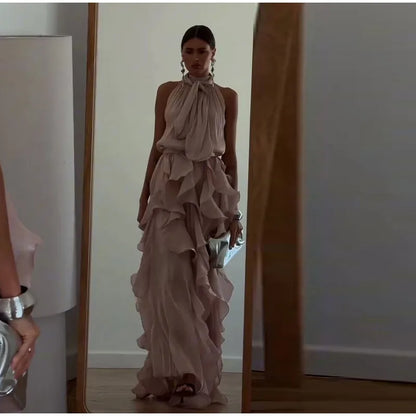Sexy Cascading Ruffle Pleated Women Long Dress Fashion Lace Up Sleeveless Empire Female Dresses 2026 Spring Summer Lady Robe New