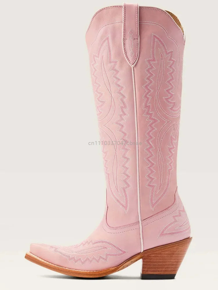 Women Western Cowboy Style Boots Pointed Thick High Heels Knee Length Embroidered Boot Autumn Block Heel Retro Casual Shoes