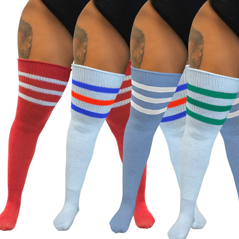Women's Striped Plus Size Thick Thigh-High Socks Collection Big Girls Acrylic Yarn Stretch Colorful Streaks Leg Warmer Socks