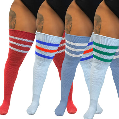 Women's Striped Plus Size Thick Thigh-High Socks Collection Big Girls Acrylic Yarn Stretch Colorful Streaks Leg Warmer Socks