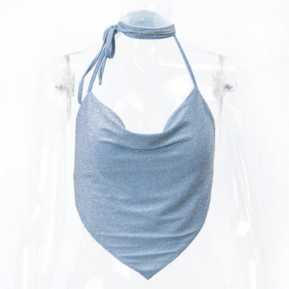 Halter Top Glitter Tanks 2025 Summer Outfits Blue Bright Silk Camis Ruched Top Crop Backless Vests Sexy Tops Cropped Clothes