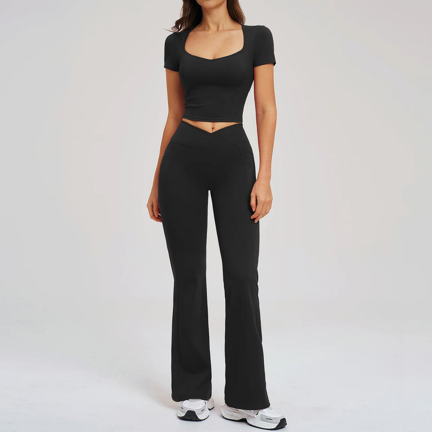 2PCS Women's Yoga Tracksuit midriff-baring short sleeve top high waist Bell-bottom Women Gym Running Training Workout Yoga Set