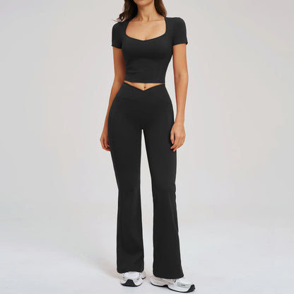 2PCS Women's Yoga Tracksuit midriff-baring short sleeve top high waist Bell-bottom Women Gym Running Training Workout Yoga Set