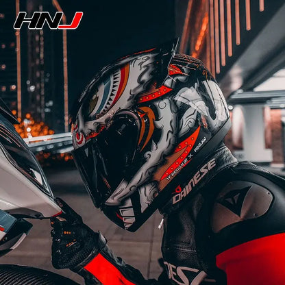 HNJ Men Motorcycle Helmet Women Full Face Helmet Riding Personality Horn Pink Helmet DOT Certification casco moto