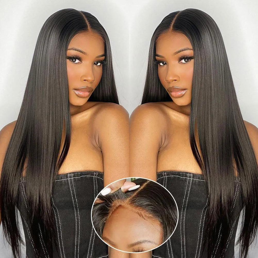 Silky Straight Lace Front Wigs Human Hair 200% Density 26 Inch Human Hair Wig for Women Natural Black HD Transparent Lace