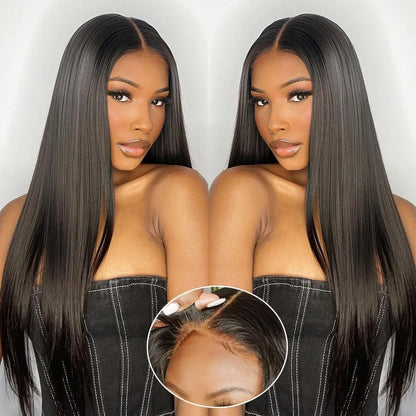 Silky Straight Lace Front Wigs Human Hair 200% Density 26 Inch Human Hair Wig for Women Natural Black HD Transparent Lace