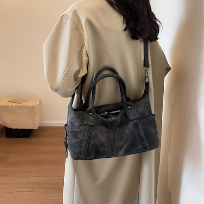 Retro Distressed Suede Texture Boston Hobo Bag Large Capacity Tote Handbag Shoulder Crossbody Bag for Women Daily Commute Trave