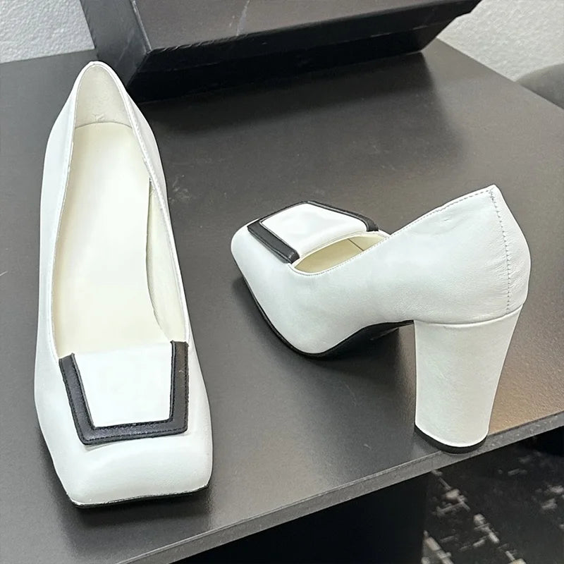 Top quality women's square toe block high heels single shoes Contrasting color design sheepskin fabric leather outsole 25110872