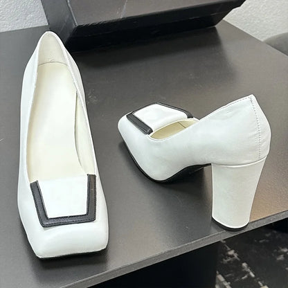 Top quality women's square toe block high heels single shoes Contrasting color design sheepskin fabric leather outsole 25110872