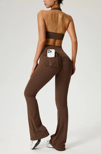 Women's Flared Pants Yoga Leggings Bell-bottoms Tight Elastic Breathable Sports Pants Back Waist Pockets Womens Clothing