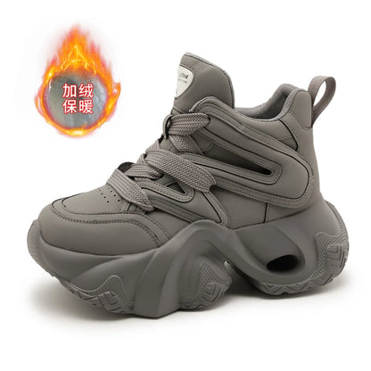 Chunky Platform Hidden Height Increasing Sneakers Casual Lace Up Shoes In White And Grey With Hollow Out Design For Streetwear