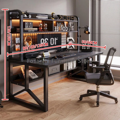 Black Wide Students Study Desk Modern Office Sturdy PC Desk with Shelf Y-Shaped Metal Frame Gaming Computer Table for Home Gamer