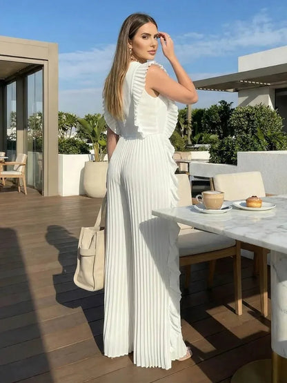 UOOZEE 2026 New Summer Women's Elegant Ruffled Trim Pleated Jumpsuits Loose Sleeveless Wide Leg Party Evening Office Overalls