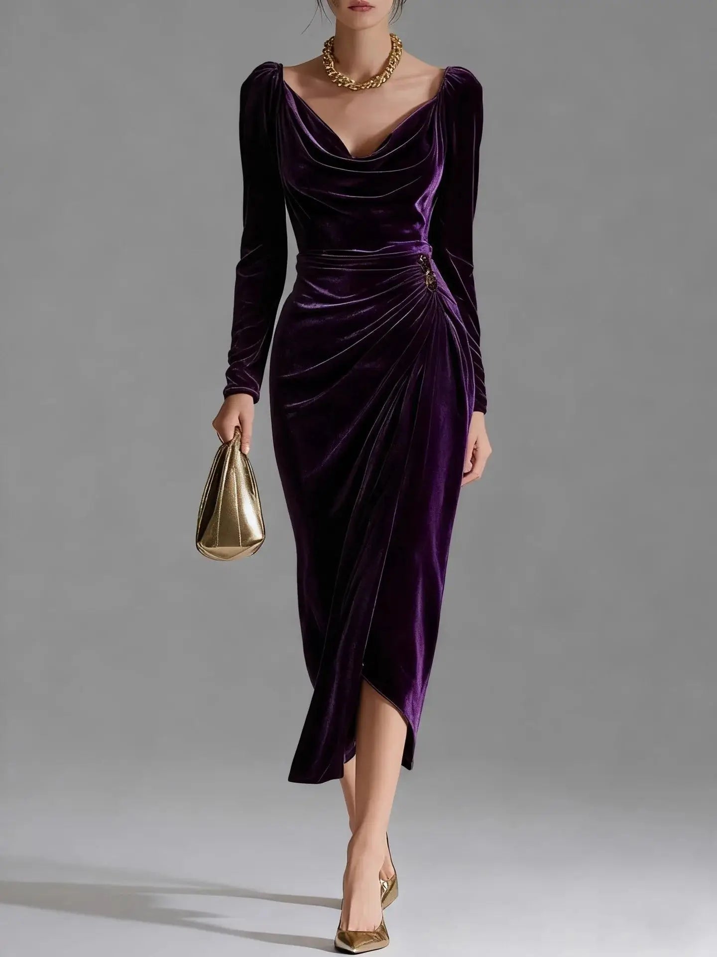 2025 European and American Women's Casual Gold Velvet Sexy New Long-Sleeve Slim Pleated Long Split Bodycon Dress