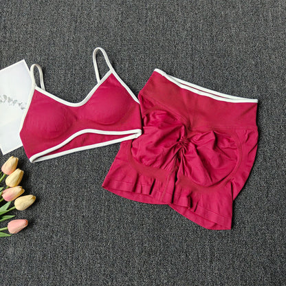 Peach Buttock Yoga Suit Women Gym Seamless Suspender Gathering Bra High Waist Hip Lifting Belly Tightening Shorts Fitness Set